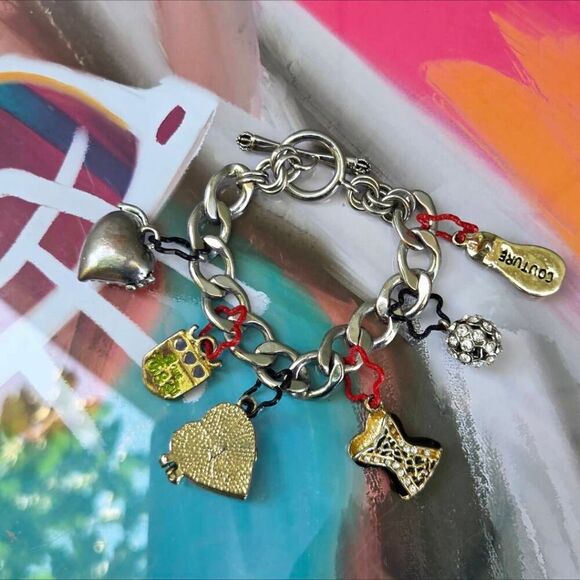 Juicy Couture Y2K Silver Plated Chunky Bracelet w/ Large Red/Black/Gold Charms - Picture 2 of 6